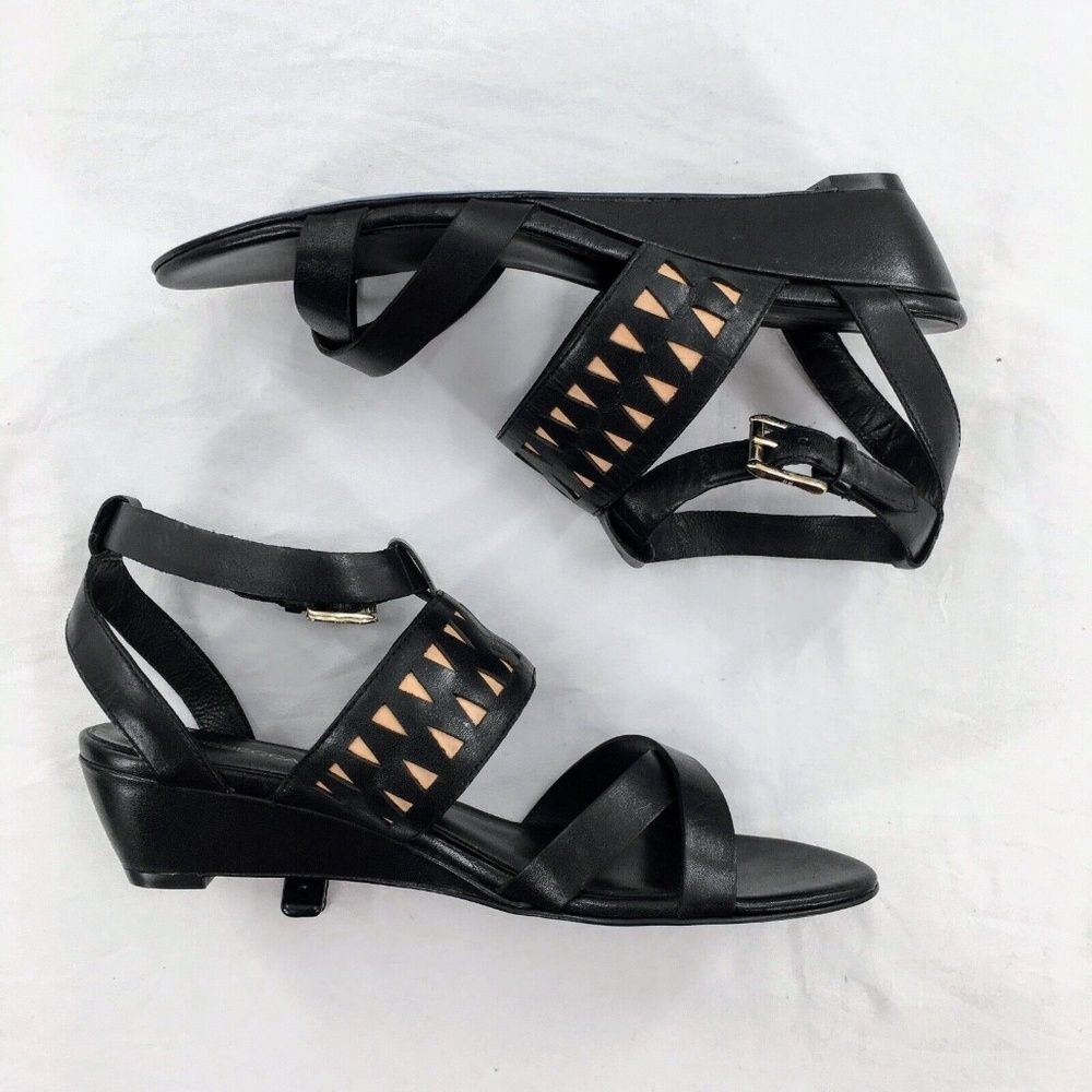 Rebecca Minkoff Sandals Black Tan Leather Gladiator Strappy Wedge Sz 7 - Picture 4 of 8